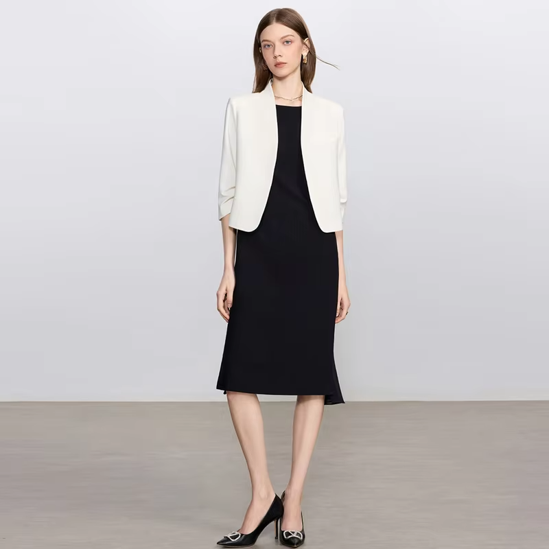 women suits set Elegant fashion pairing,Seven-quarter sleeve jacket,dress,Minimalist Elegant High-End Workplace Suit Dress Set