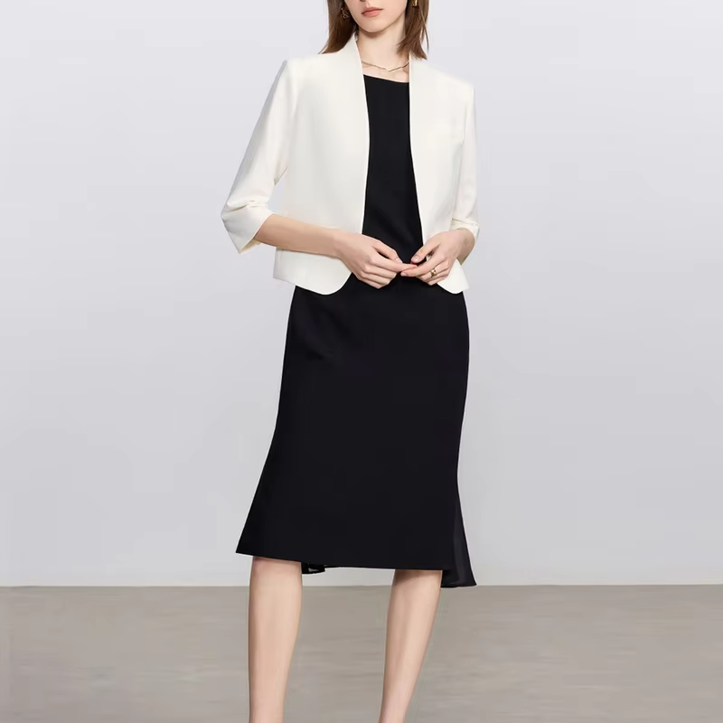 women suits set Elegant fashion pairing,Seven-quarter sleeve jacket,dress,Minimalist Elegant High-End Workplace Suit Dress Set