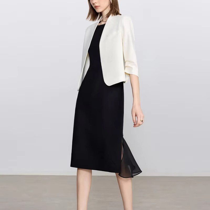 women suits set Elegant fashion pairing,Seven-quarter sleeve jacket,dress,Minimalist Elegant High-End Workplace Suit Dress Set