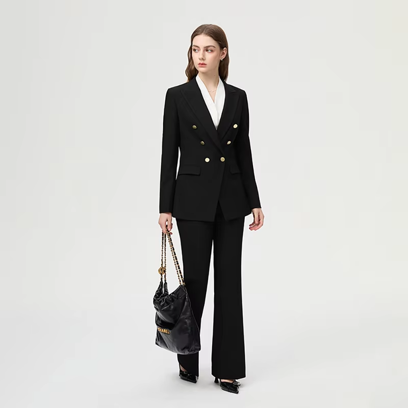 Fashion Golden Button Triple-Breasted Long Sleeved Women's Suit Business Two-Piece Set,High-End And Elegant Slim Commuting Style