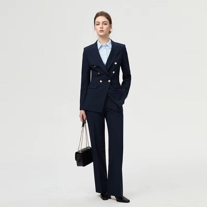 Fashion Golden Button Triple-Breasted Long Sleeved Women's Suit Business Two-Piece Set,High-End And Elegant Slim Commuting Style