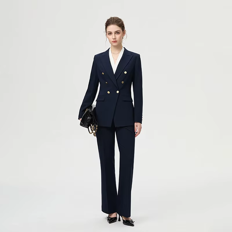 Fashion Golden Button Triple-Breasted Long Sleeved Women's Suit Business Two-Piece Set,High-End And Elegant Slim Commuting Style