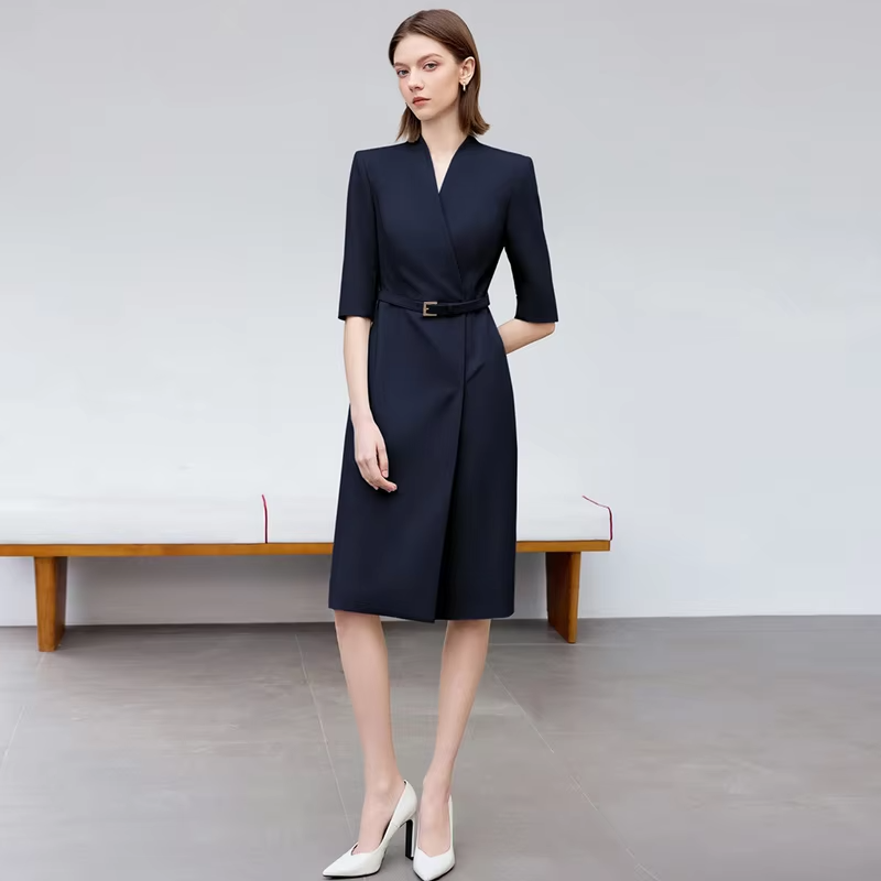 Women Event Dresses Luxury Fashion Slim Seven-Quarter Sleeve V-Neck Design Navy Blue Dresses High-End Suit Skirt for Female