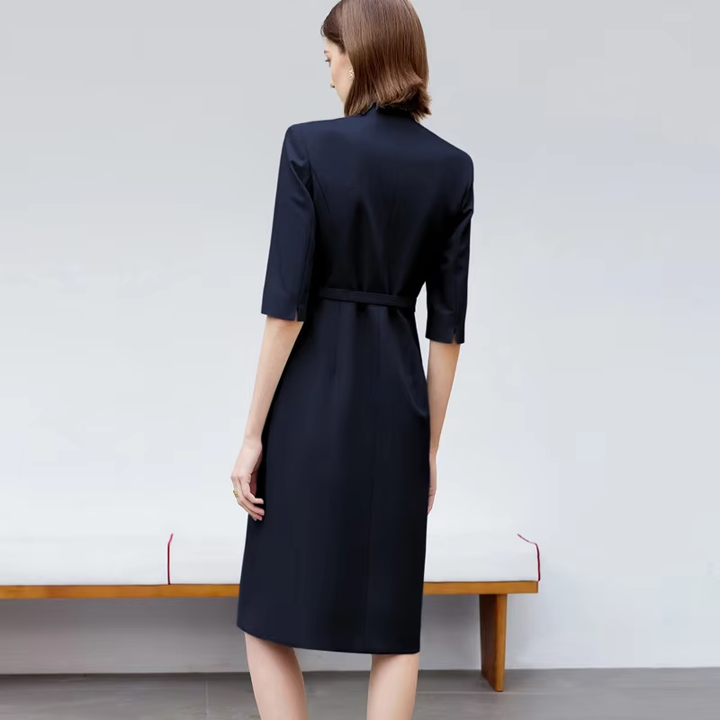 Women Event Dresses Luxury Fashion Slim Seven-Quarter Sleeve V-Neck Design Navy Blue Dresses High-End Suit Skirt for Female