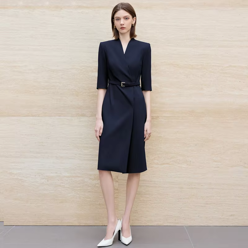 Women Event Dresses Luxury Fashion Slim Seven-Quarter Sleeve V-Neck Design Navy Blue Dresses High-End Suit Skirt for Female