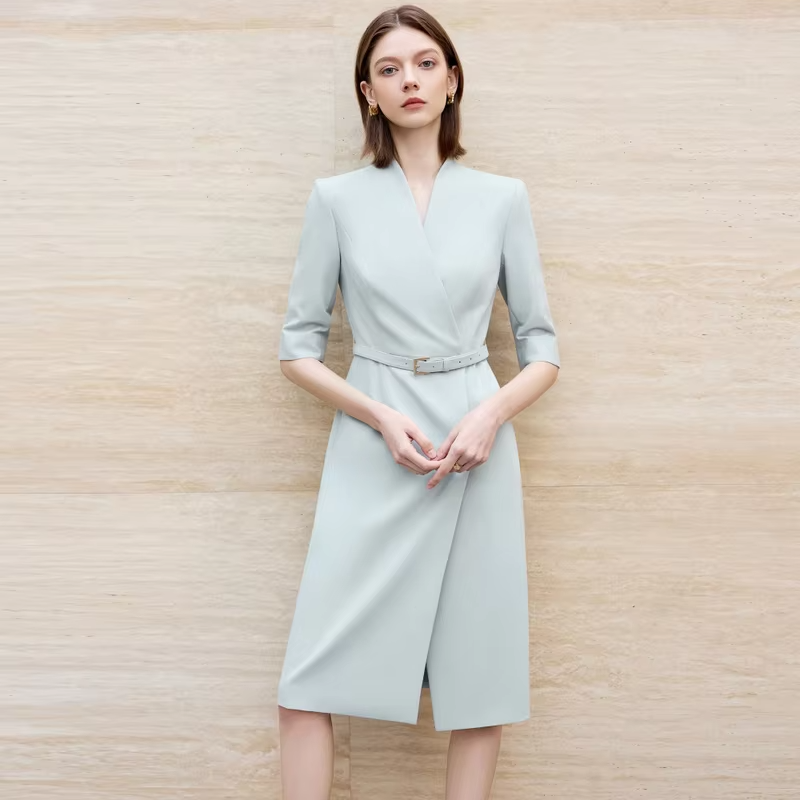 Women Event Dresses Luxury Fashion Slim Seven-Quarter Sleeve V-Neck Design Navy Blue Dresses High-End Suit Skirt for Female
