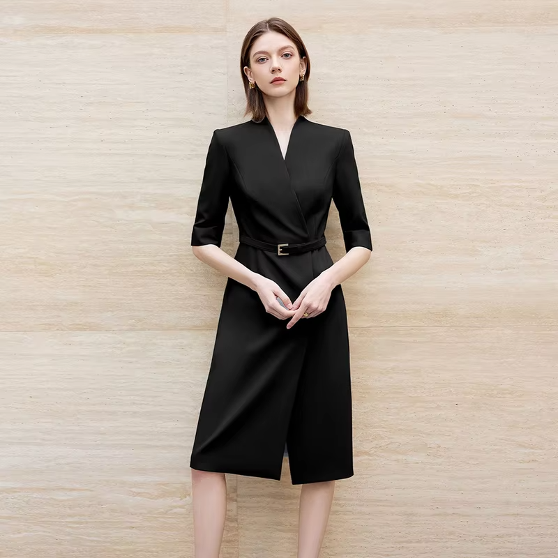 Women Event Dresses Luxury Fashion Slim Seven-Quarter Sleeve V-Neck Design Navy Blue Dresses High-End Suit Skirt for Female