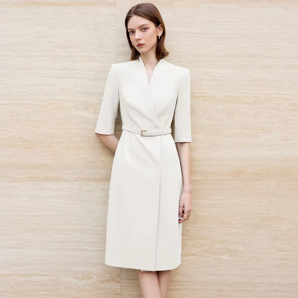 Women Event Dresses Luxury Fashion Slim Seven-Quarter Sleeve V-Neck Design Navy Blue Dresses High-End Suit Skirt for Female