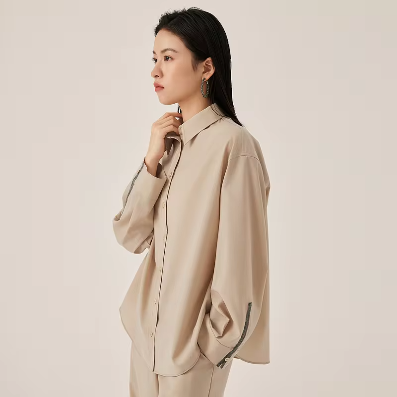KX7523392 Luxury Women’s Wool Blend Shirt Long Sleeve Blouse Minimalist Designer Style Button Shirt Soft Autumn Office Top