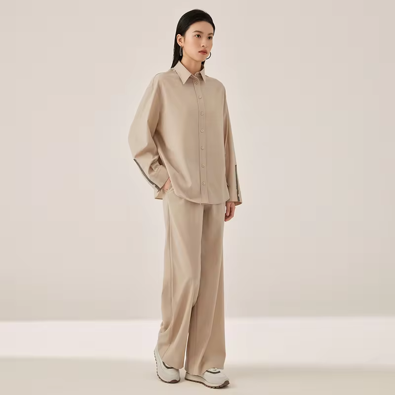 KX7523392 Luxury Women’s Wool Blend Shirt Long Sleeve Blouse Minimalist Designer Style Button Shirt Soft Autumn Office Top