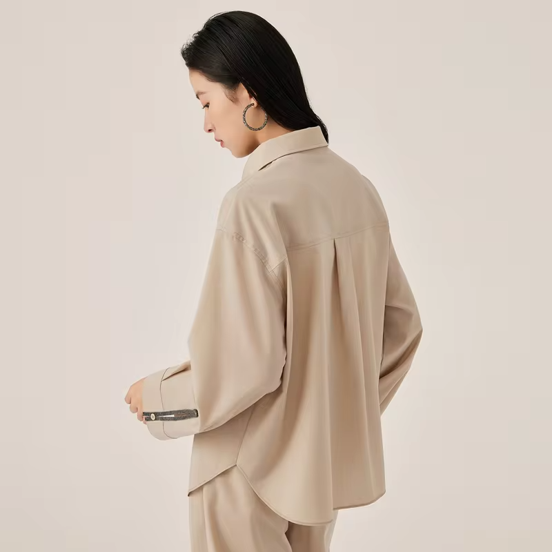 KX7523392 Luxury Women’s Wool Blend Shirt Long Sleeve Blouse Minimalist Designer Style Button Shirt Soft Autumn Office Top