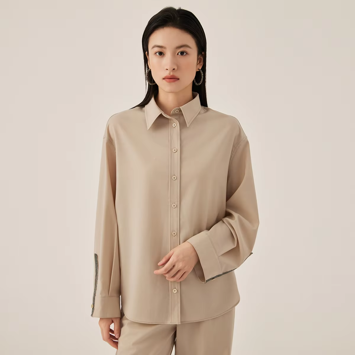 KX7523392 Luxury Women’s Wool Blend Shirt Long Sleeve Blouse Minimalist Designer Style Button Shirt Soft Autumn Office Top