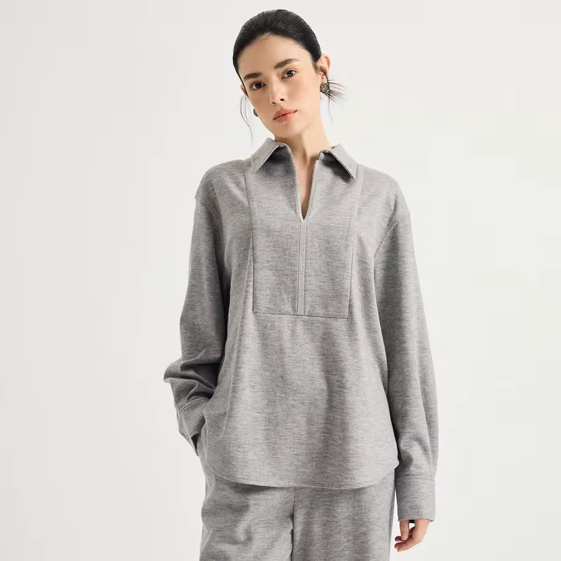 Women's Wool Blend Polo Collar V-Open Neck Chain Zip Bib Front Oversized Pullover Shirt Elegant Early Autumn