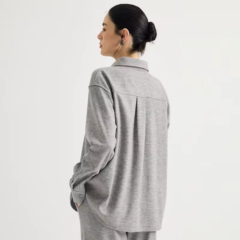 Women's Wool Blend Polo Collar V-Open Neck Chain Zip Bib Front Oversized Pullover Shirt Elegant Early Autumn
