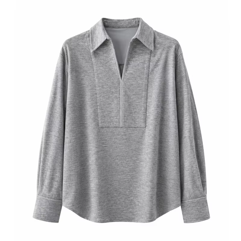 Women's Wool Blend Polo Collar V-Open Neck Chain Zip Bib Front Oversized Pullover Shirt Elegant Early Autumn
