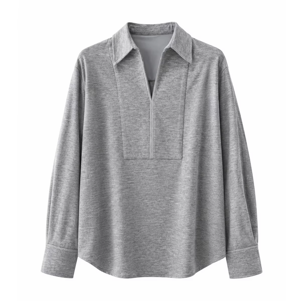 Women's Wool Blend Polo Collar V-Open Neck Chain Zip Bib Front Oversized Pullover Shirt Elegant Early Autumn