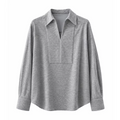 Women's Wool Blend Polo Collar V-Open Neck Chain Zip Bib Front Oversized Pullover Shirt Elegant Early Autumn