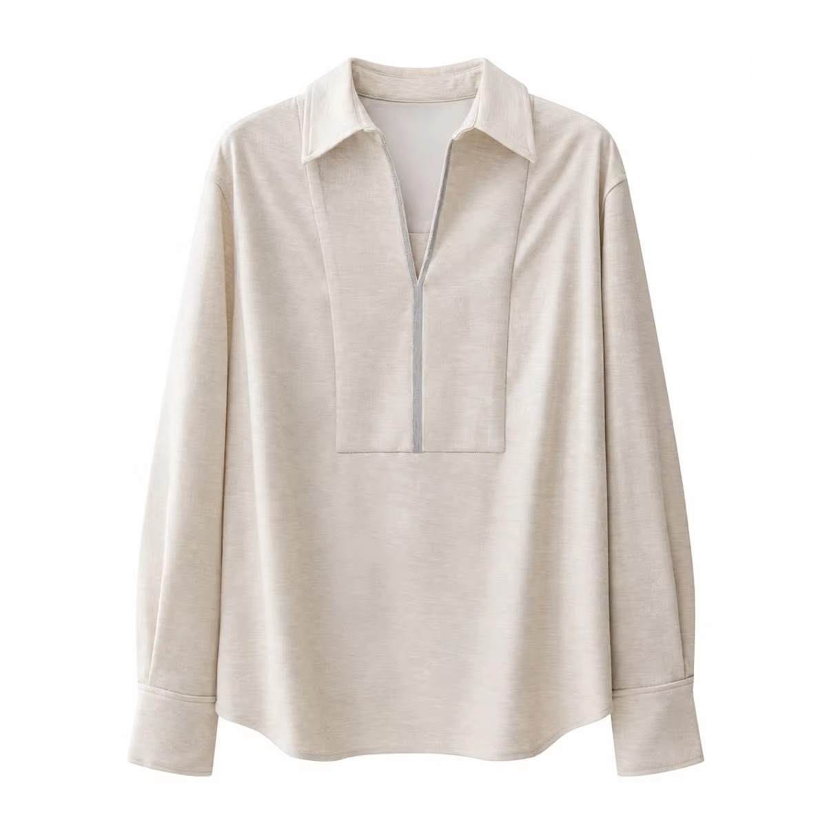 Women's Wool Blend Polo Collar V-Open Neck Chain Zip Bib Front Oversized Pullover Shirt Elegant Early Autumn