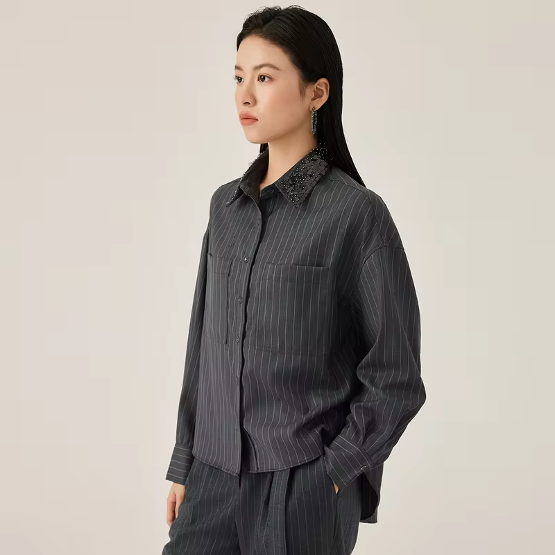 Women's Luxury Oversized Striped Shirt 100% Australian Wool Long Sleeve Button down Blouse for Office Casual Chic