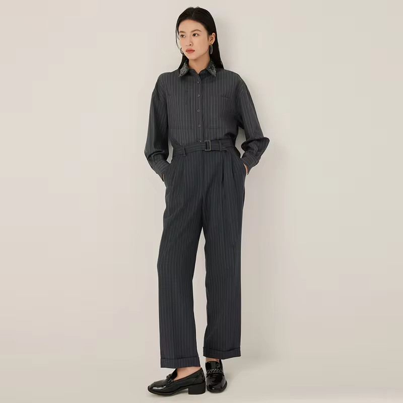 Women's Luxury Oversized Striped Shirt 100% Australian Wool Long Sleeve Button down Blouse for Office Casual Chic