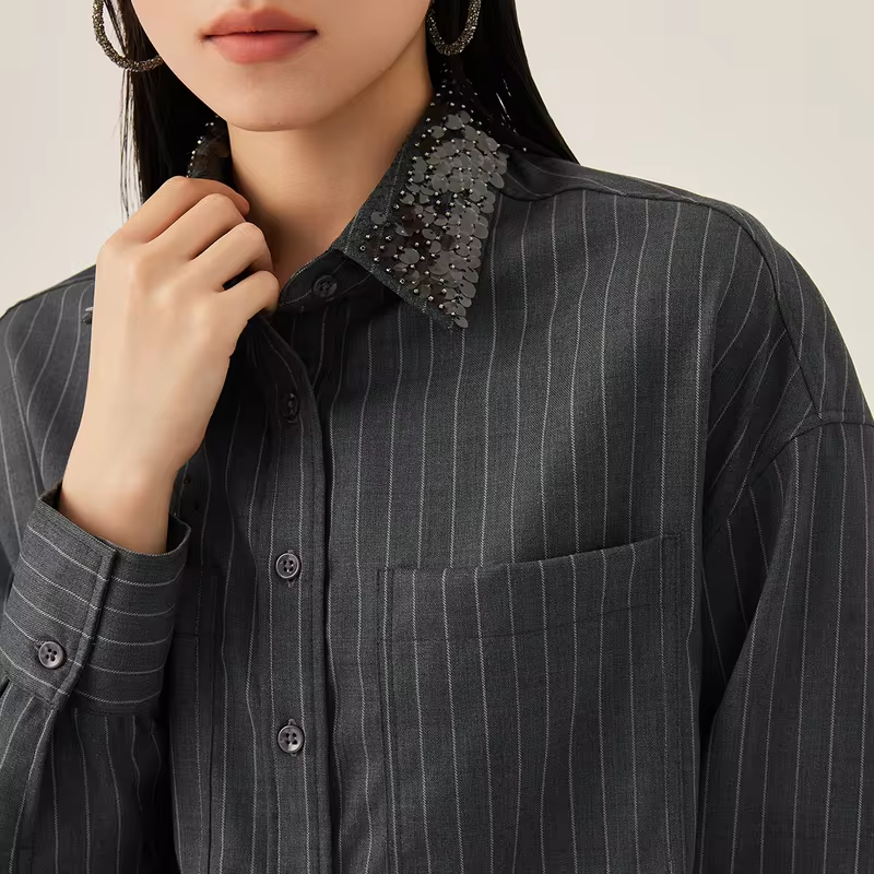Women's Luxury Oversized Striped Shirt 100% Australian Wool Long Sleeve Button down Blouse for Office Casual Chic