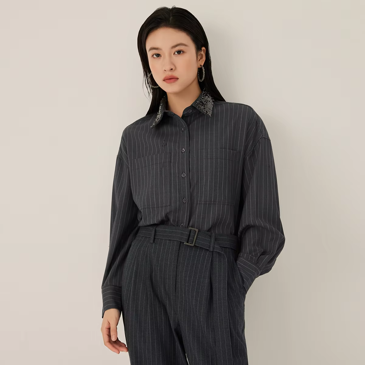 Women's Luxury Oversized Striped Shirt 100% Australian Wool Long Sleeve Button down Blouse for Office Casual Chic