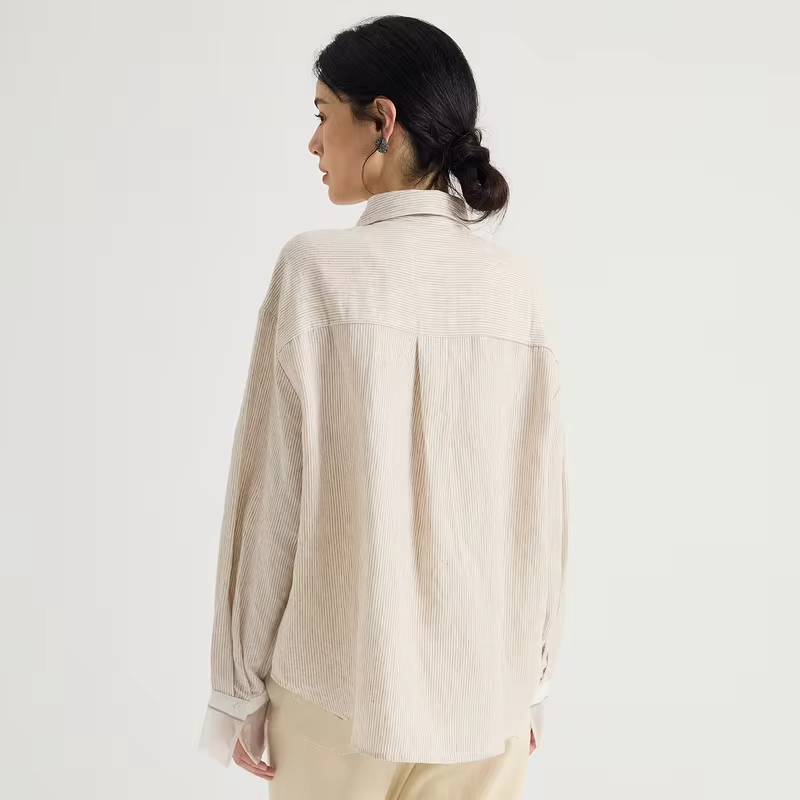 Women's Pure Linen Yarn-Dyed Stripe Blouse Silk-Lined Contrast Cuff Turn-Down Collar Relaxed Fit Elegant Early Autumn