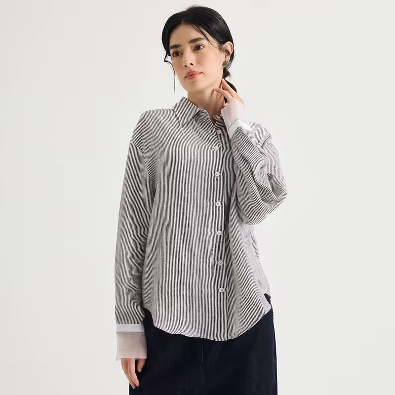 Women's Pure Linen Yarn-Dyed Stripe Blouse Silk-Lined Contrast Cuff Turn-Down Collar Relaxed Fit Elegant Early Autumn