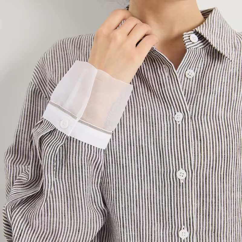 Women's Pure Linen Yarn-Dyed Stripe Blouse Silk-Lined Contrast Cuff Turn-Down Collar Relaxed Fit Elegant Early Autumn