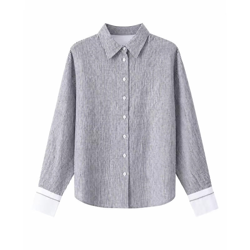 Women's Pure Linen Yarn-Dyed Stripe Blouse Silk-Lined Contrast Cuff Turn-Down Collar Relaxed Fit Elegant Early Autumn
