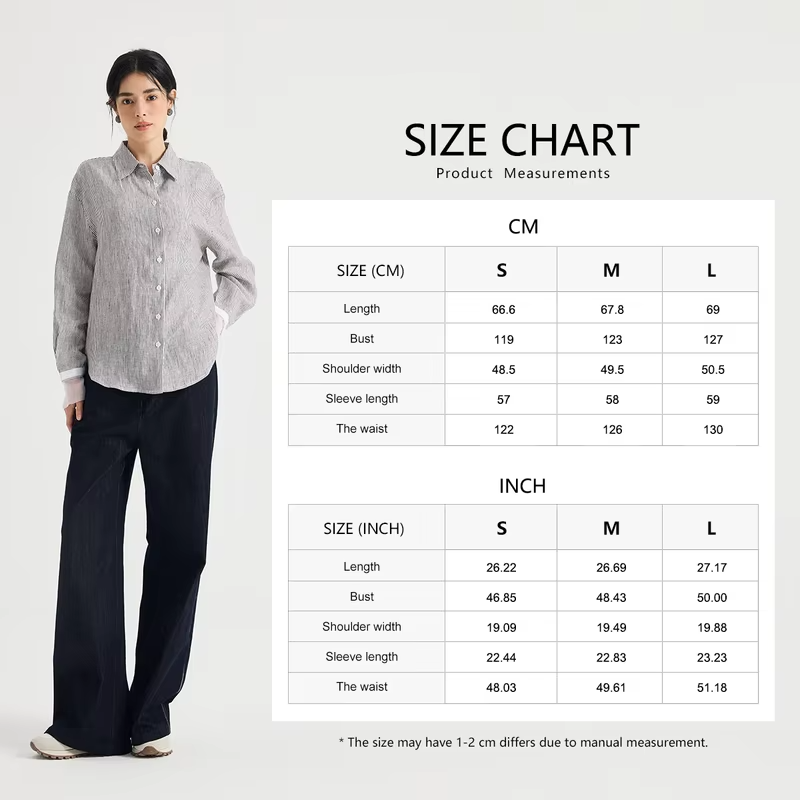 Women's Pure Linen Yarn-Dyed Stripe Blouse Silk-Lined Contrast Cuff Turn-Down Collar Relaxed Fit Elegant Early Autumn