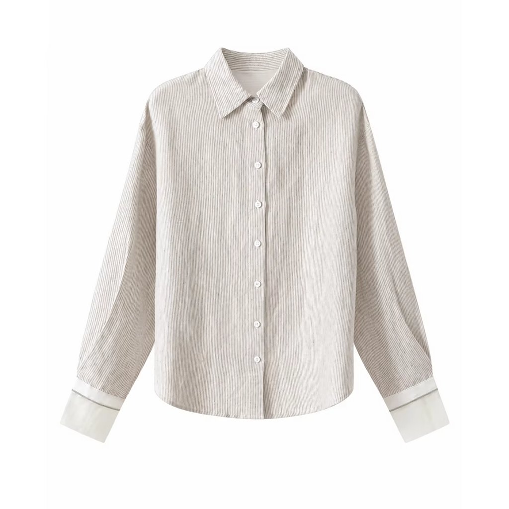 Women's Pure Linen Yarn-Dyed Stripe Blouse Silk-Lined Contrast Cuff Turn-Down Collar Relaxed Fit Elegant Early Autumn