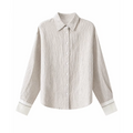 Women's Pure Linen Yarn-Dyed Stripe Blouse Silk-Lined Contrast Cuff Turn-Down Collar Relaxed Fit Elegant Early Autumn