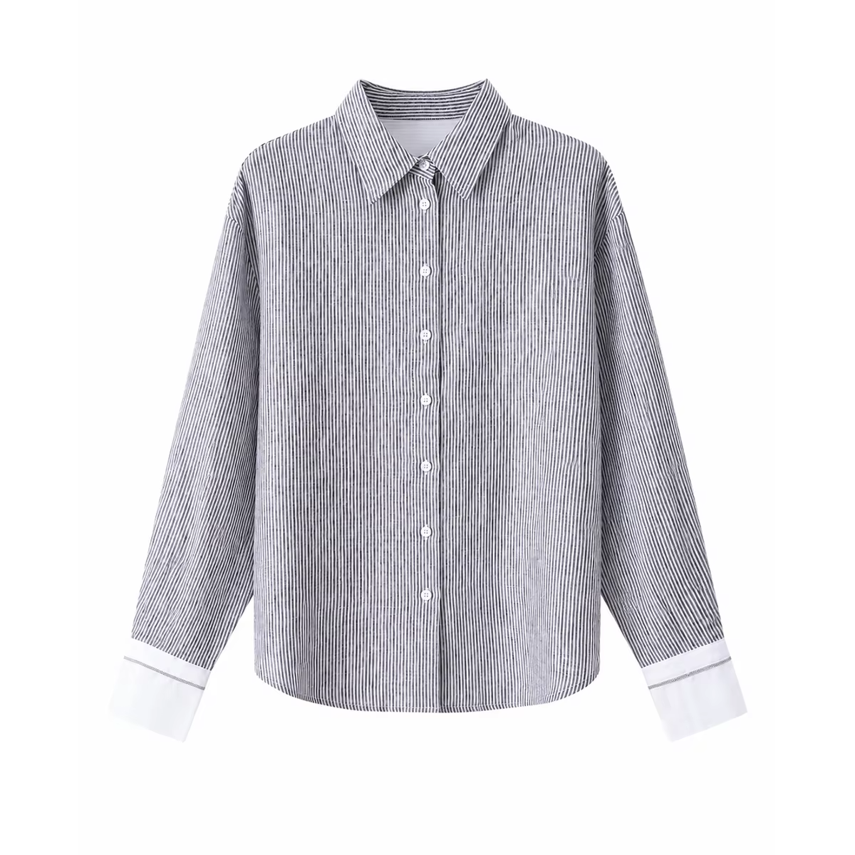 Women's Pure Linen Yarn-Dyed Stripe Blouse Silk-Lined Contrast Cuff Turn-Down Collar Relaxed Fit Elegant Early Autumn