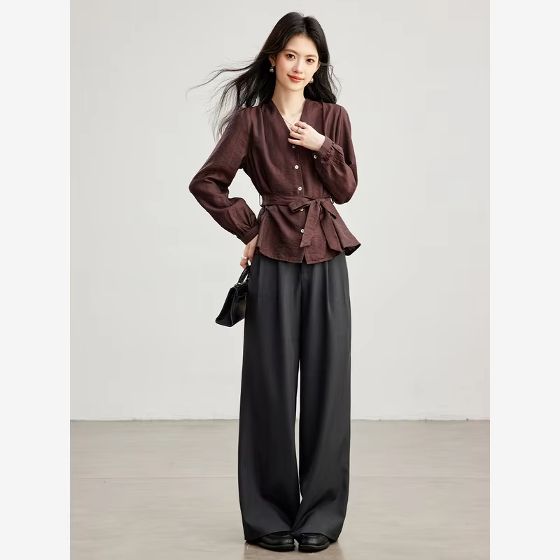 VIMLY Women's Shirt Commuter Elegant V‑neck Puff Long Sleeve Blouses 2026 Autumn New Tie Waist‑cinching Office Lady Tops