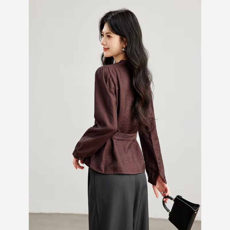 VIMLY Women's Shirt Commuter Elegant V‑neck Puff Long Sleeve Blouses 2026 Autumn New Tie Waist‑cinching Office Lady Tops