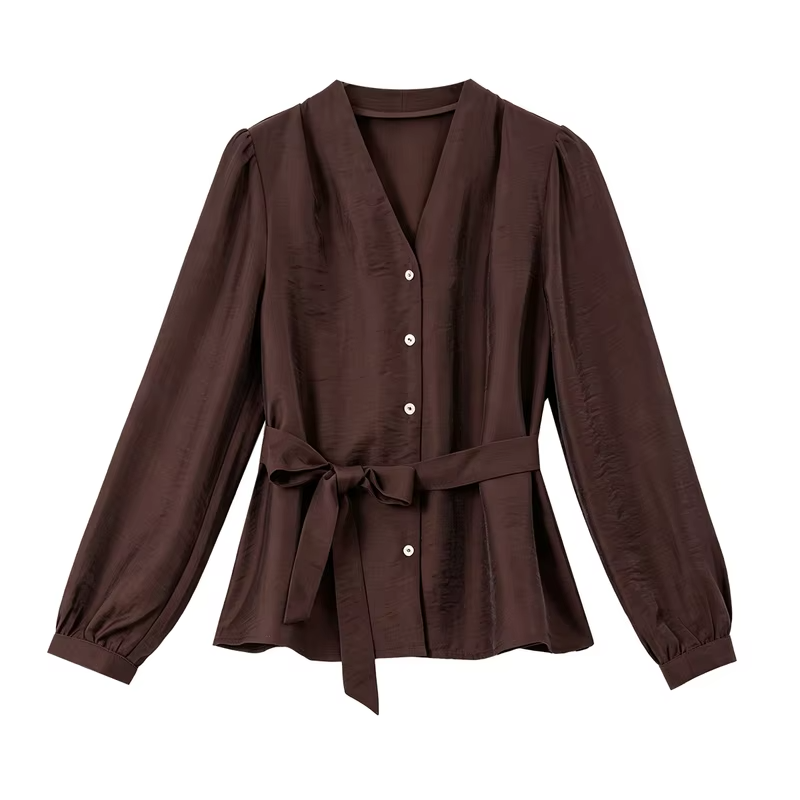 VIMLY Women's Shirt Commuter Elegant V‑neck Puff Long Sleeve Blouses 2026 Autumn New Tie Waist‑cinching Office Lady Tops