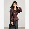 VIMLY Women's Shirt Commuter Elegant V‑neck Puff Long Sleeve Blouses 2026 Autumn New Tie Waist‑cinching Office Lady Tops