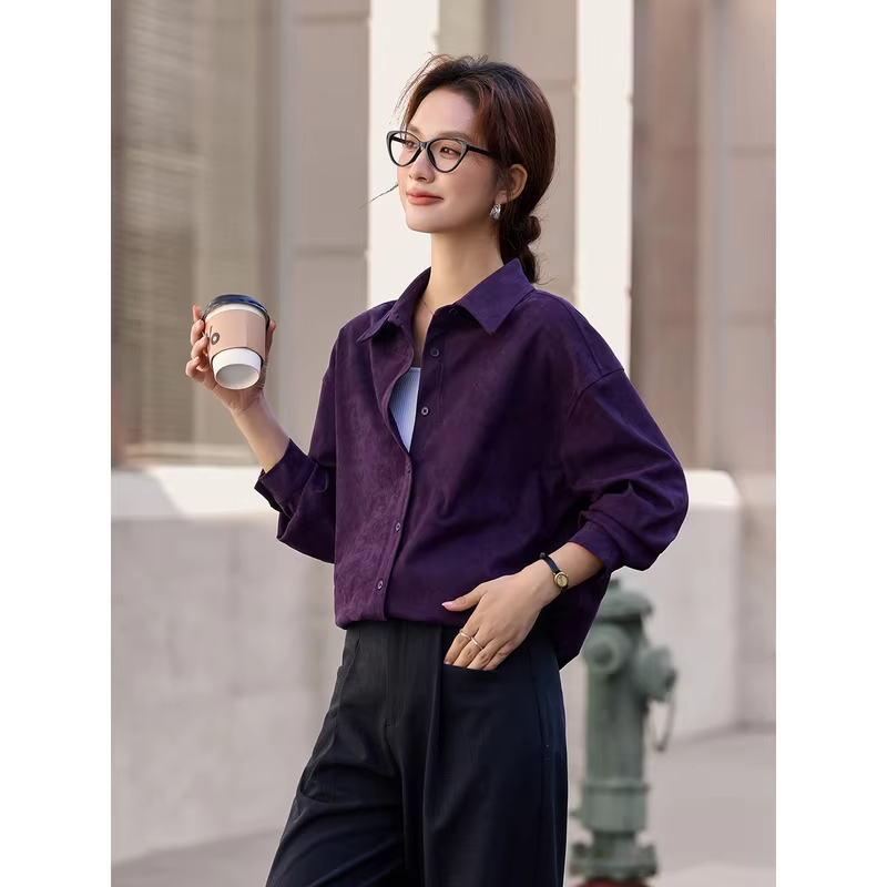 VIMLY Purple Suede Lapel Shirt Women 2026 Autumn New Fashion Commuter Versatile Blouses Casual Office Lady Long Sleeve Top