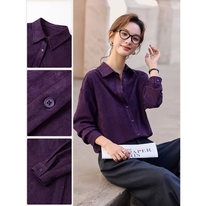 VIMLY Purple Suede Lapel Shirt Women 2026 Autumn New Fashion Commuter Versatile Blouses Casual Office Lady Long Sleeve Top