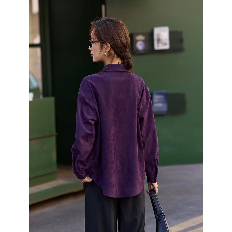 VIMLY Purple Suede Lapel Shirt Women 2026 Autumn New Fashion Commuter Versatile Blouses Casual Office Lady Long Sleeve Top