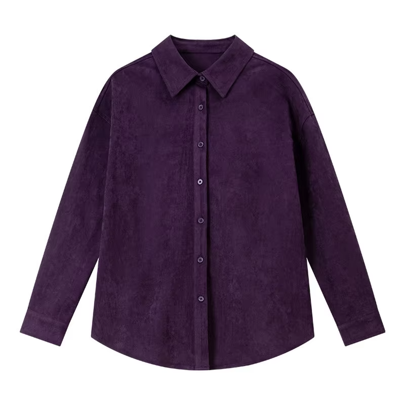 VIMLY Purple Suede Lapel Shirt Women 2026 Autumn New Fashion Commuter Versatile Blouses Casual Office Lady Long Sleeve Top