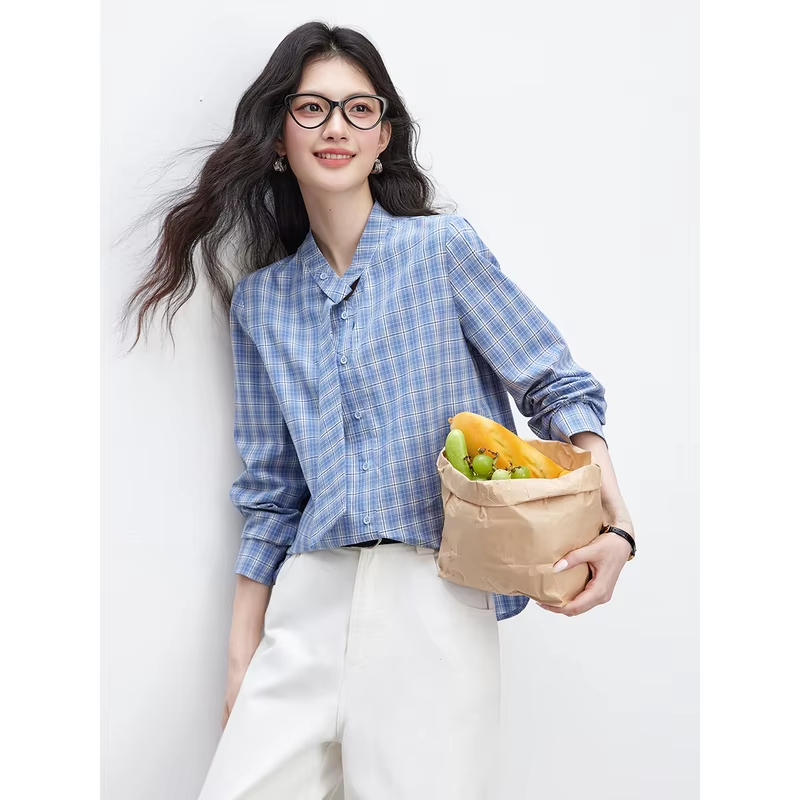 VIMLY Women's Blue Plaid Shirt 2026 Fall Lace-up Collar Design Long Sleeve Blouses Casual Daily Vintage Office Lady Tops