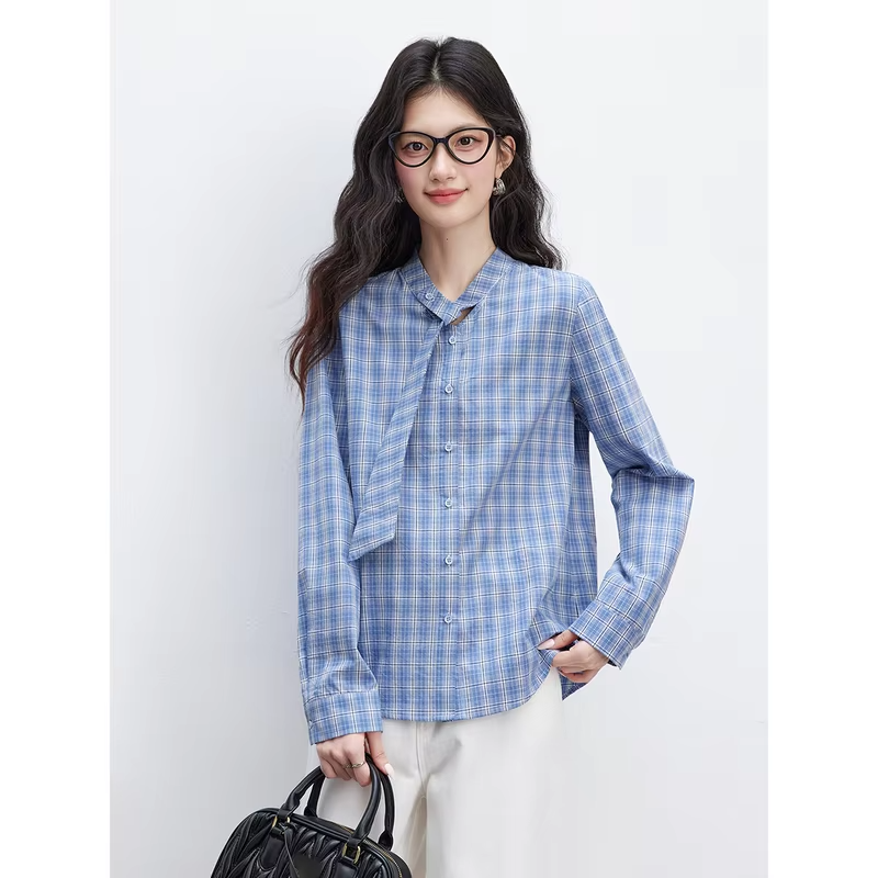 VIMLY Women's Blue Plaid Shirt 2026 Fall Lace-up Collar Design Long Sleeve Blouses Casual Daily Vintage Office Lady Tops