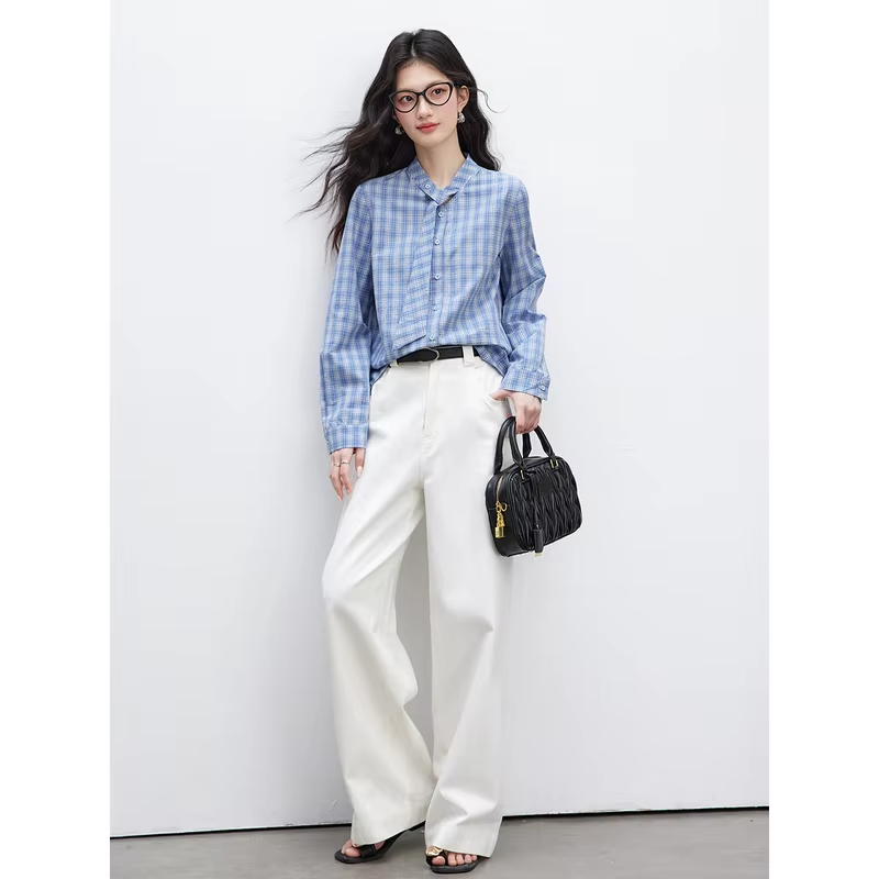 VIMLY Women's Blue Plaid Shirt 2026 Fall Lace-up Collar Design Long Sleeve Blouses Casual Daily Vintage Office Lady Tops