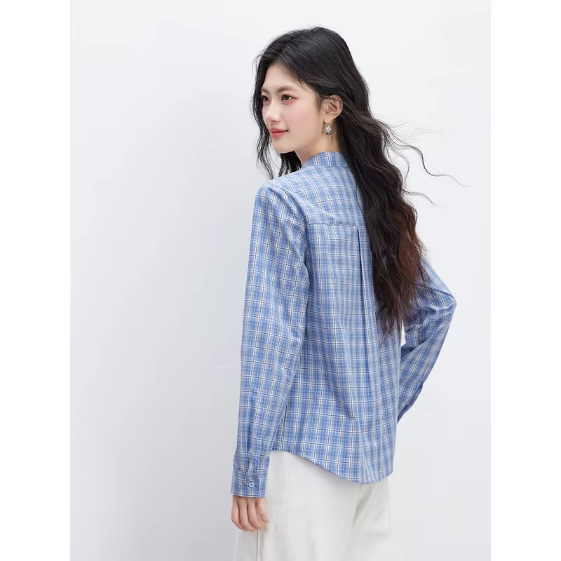 VIMLY Women's Blue Plaid Shirt 2026 Fall Lace-up Collar Design Long Sleeve Blouses Casual Daily Vintage Office Lady Tops
