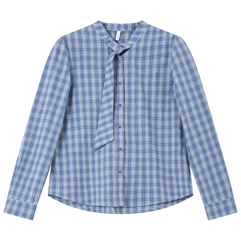 VIMLY Women's Blue Plaid Shirt 2026 Fall Lace-up Collar Design Long Sleeve Blouses Casual Daily Vintage Office Lady Tops