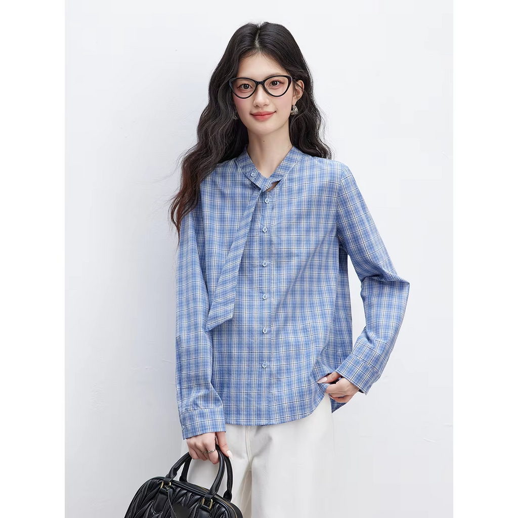 VIMLY Women's Blue Plaid Shirt 2026 Fall Lace-up Collar Design Long Sleeve Blouses Casual Daily Vintage Office Lady Tops