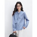 VIMLY Women's Blue Plaid Shirt 2026 Fall Lace-up Collar Design Long Sleeve Blouses Casual Daily Vintage Office Lady Tops