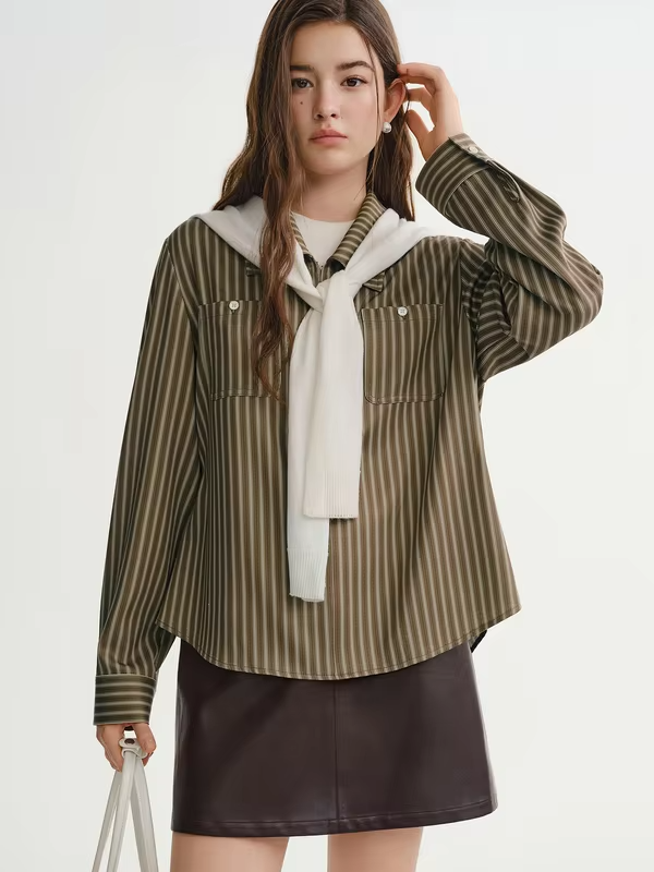 DUSHU Fake Two-piece T-shirt Striped Shirt 2025 Winter New Products Classic Leisure Simple Chic Streetwear Office Ladies BF
